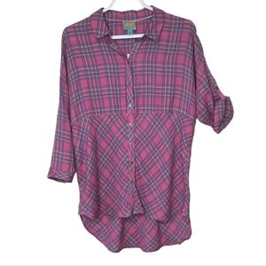 C&C California Button Down Tunic Shirt Top Pink Plaid High Low Hem Size Medium